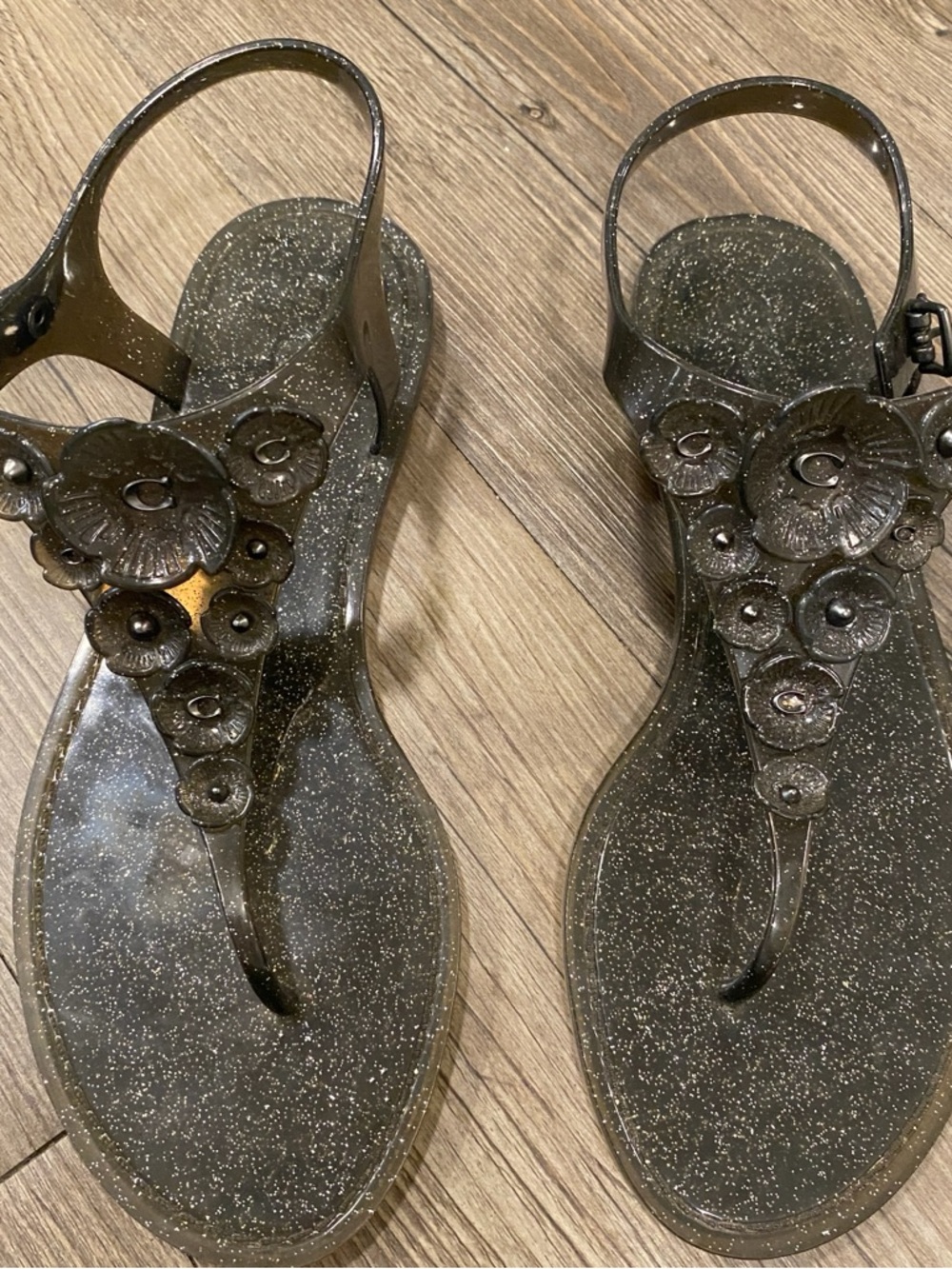 Coach Tea Rose Thong Jelly Sandal Black Glitter Finish